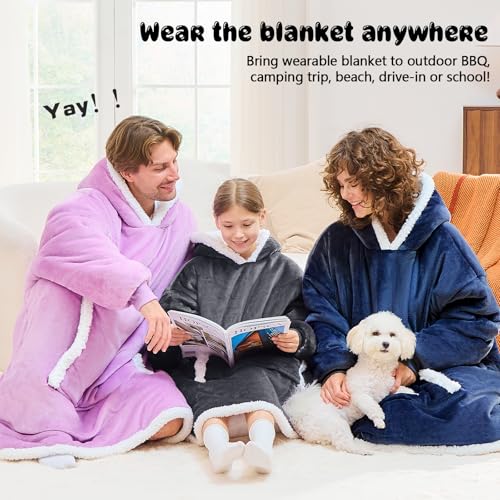 JOYWOO Wearable Blanket Hoodie,Oversized Cat Lovers Sweatshirt Blanket for Adult & Teens,Birthday Gifts for Teen Girls Boys Women 8-12,Cozy Sherpa Sweatshirt Blanket Giant Pocket Gifts,Grey Small - Image 2