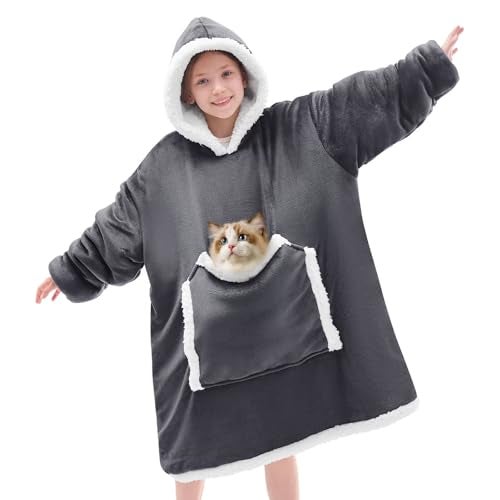 JOYWOO Wearable Blanket Hoodie,Oversized Cat Lovers Sweatshirt Blanket for Adult & Teens,Birthday Gifts for Teen Girls Boys Women 8-12,Cozy Sherpa Sweatshirt Blanket Giant Pocket Gifts,Grey Small - Image 1