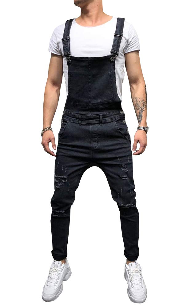 LONGBIDA Men's Denim Bib Overalls Women Fashion Slim Fit Jumpsuit with Pockets(Black_01,L) - Image 2