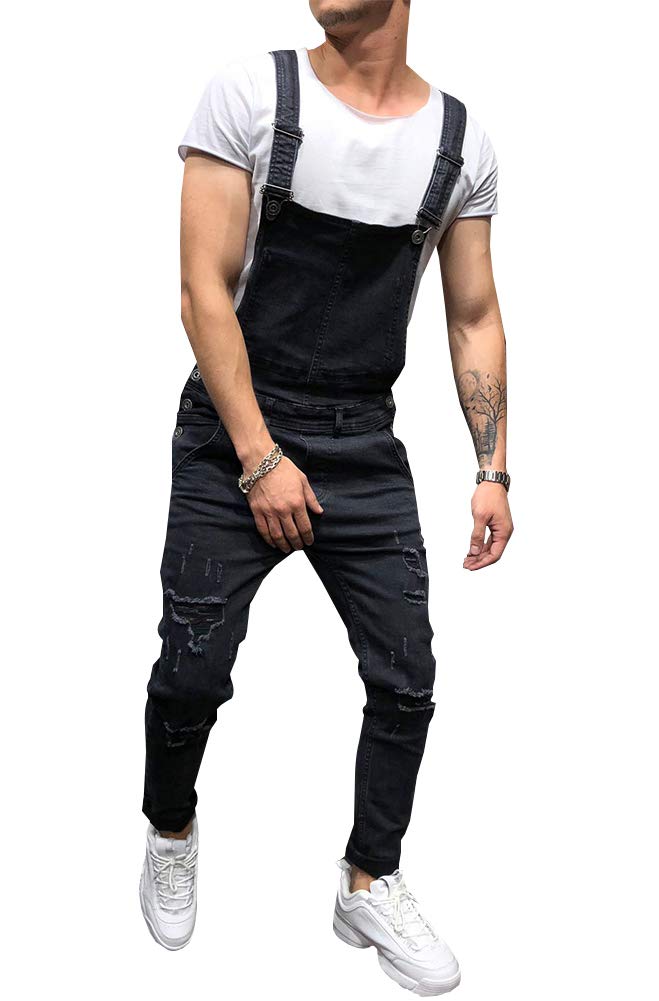 LONGBIDA Men's Denim Bib Overalls Women Fashion Slim Fit Jumpsuit with Pockets(Black_01,L) - Image 3