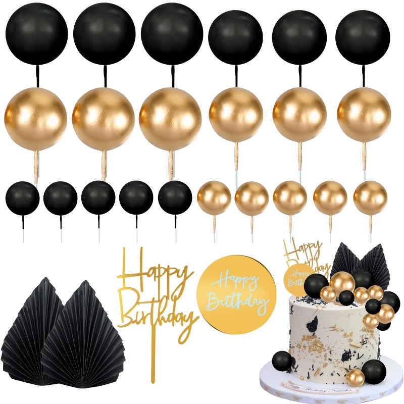 MEMOVAN 26pcs Man Cake Topper Black Boho Cake Topper Black Gold Balls Palm Leaves Black Gold Cake Decorations for Man Boy Bohemian Black Theme Wedding Baby Shower Birthday Party - Image 2