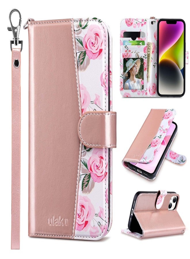 ULAK Compatible with iPhone 14 Wallet Case for Women, PU Leather Floral Flip Cover with Card Holder Kickstand Feature Protective Purse Case 6.1 Inch, Rose Gold - Image 1