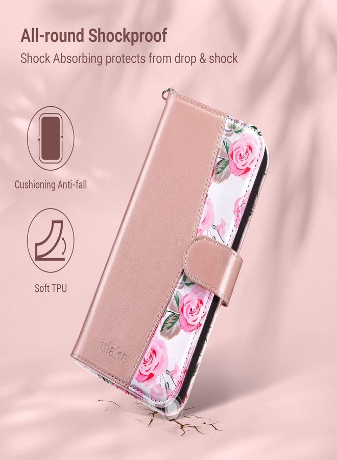 ULAK Compatible with iPhone 14 Wallet Case for Women, PU Leather Floral Flip Cover with Card Holder Kickstand Feature Protective Purse Case 6.1 Inch, Rose Gold - Image 5
