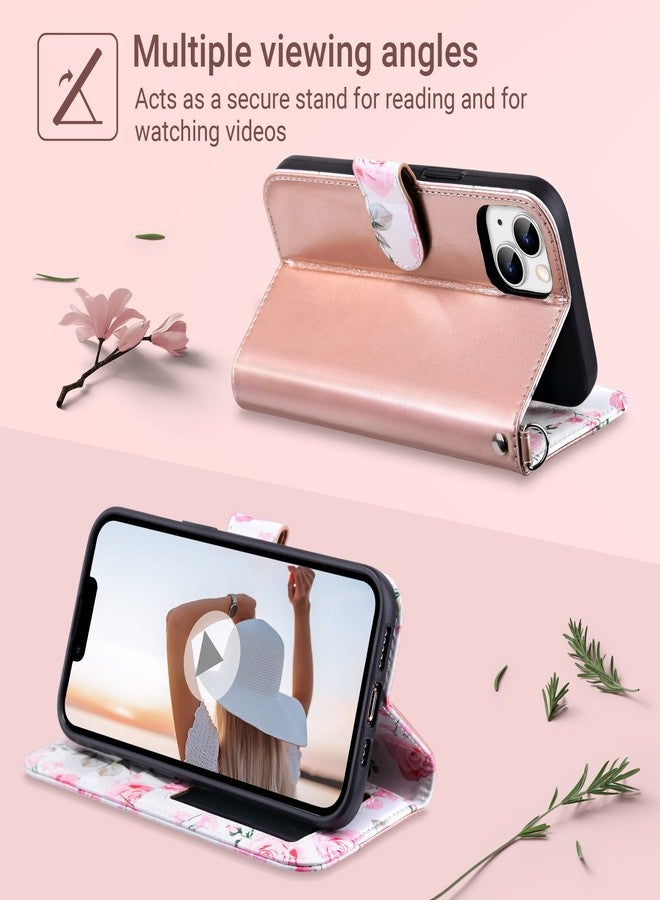 ULAK Compatible with iPhone 14 Wallet Case for Women, PU Leather Floral Flip Cover with Card Holder Kickstand Feature Protective Purse Case 6.1 Inch, Rose Gold - Image 3