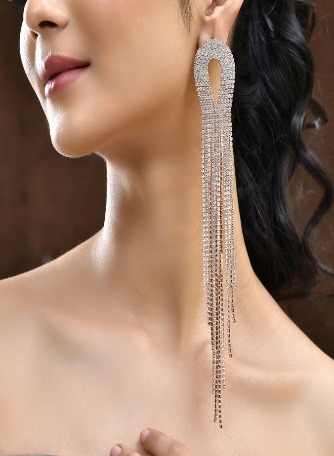 Voylla Timeless Sparkle Crystal Flow Infinity Rose Gold Rhinestone Danglers Earrings For Women Anti Tarnish Fringe Crystal Long Earrings Cocktail Party Western Womens Day Gift Jewellery - Image 4