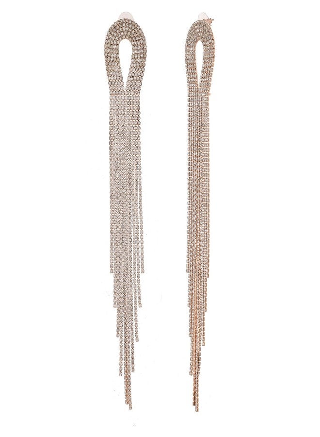 Voylla Timeless Sparkle Crystal Flow Infinity Rose Gold Rhinestone Danglers Earrings For Women Anti Tarnish Fringe Crystal Long Earrings Cocktail Party Western Womens Day Gift Jewellery - Image 1