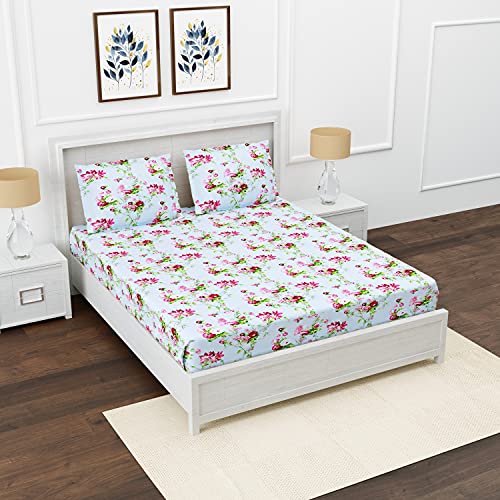 ACHIR 180 TC Fitted 100% Cotton Premium Printed Twin Size Bedsheet (48x78 Inches) with 1 Pillow Cover, Pink & Green - Image 2