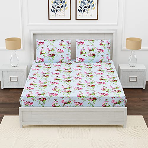 ACHIR 180 TC Fitted 100% Cotton Premium Printed Twin Size Bedsheet (48x78 Inches) with 1 Pillow Cover, Pink & Green - Image 1