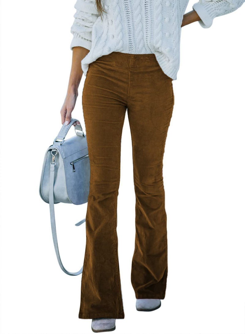 Loquat Women's Solid Color High Waist Slim Small Bell Bottoms Corduroy Casual Pants  - Image 1
