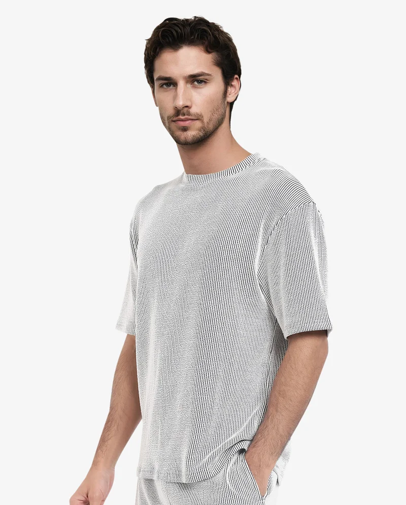 Rare Rabbit Men's Boxy Fit Self Stripe Textured T-Shirt