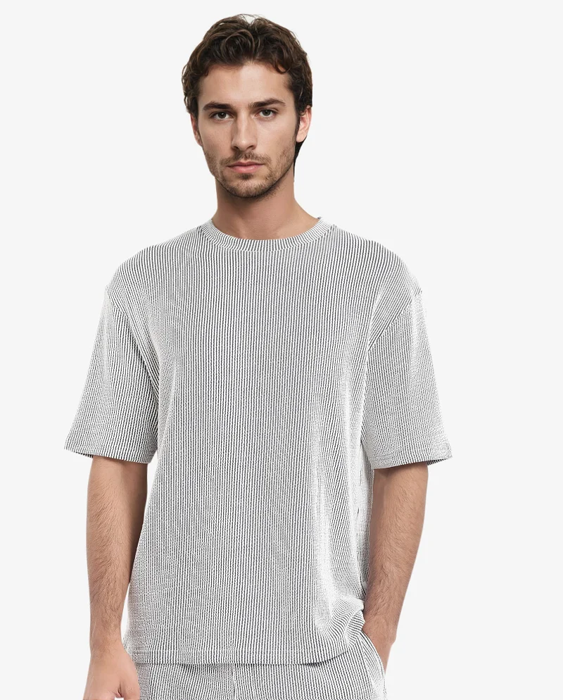 Rare Rabbit Men's Boxy Fit Self Stripe Textured T-Shirt