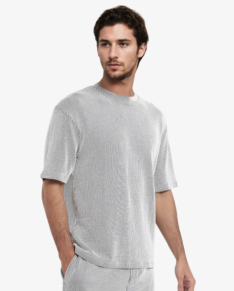 Rare Rabbit Men's Boxy Fit Self Stripe Textured T-Shirt