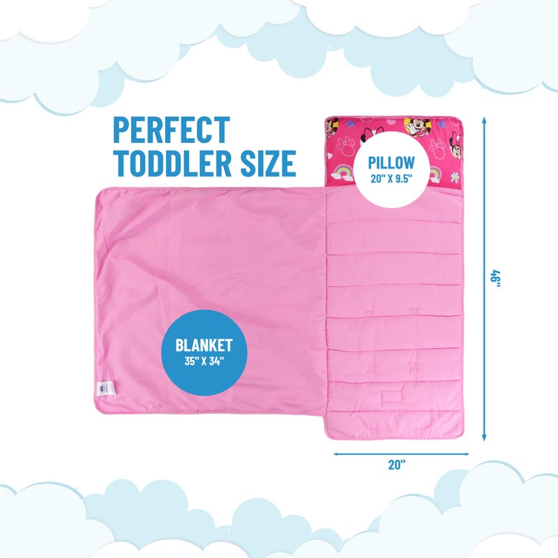 Jay Franco Kids Nap Mat Cartoon Embedded Pillow & Blanket â€“ Soft 46"x20"Microfiber Sleeping Bag with Name Tag & Handle for School, Travel, Sleepover, Pink - Minnie Mouse - Image 2