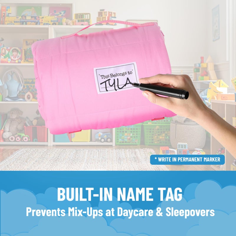 Jay Franco Kids Nap Mat Cartoon Embedded Pillow & Blanket â€“ Soft 46"x20"Microfiber Sleeping Bag with Name Tag & Handle for School, Travel, Sleepover, Pink - Minnie Mouse - Image 5