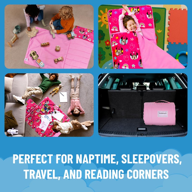 Jay Franco Kids Nap Mat Cartoon Embedded Pillow & Blanket â€“ Soft 46"x20"Microfiber Sleeping Bag with Name Tag & Handle for School, Travel, Sleepover, Pink - Minnie Mouse - Image 3