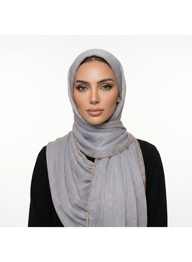 شيلة حرير مجعد فاخرة من XinyuanStore مع إكسسوار سلسلة معدنية أنيقة - شال طويل سادة من غزل بالي اللامع للحماية من الشمس وبرودة التكييف - Image 1
