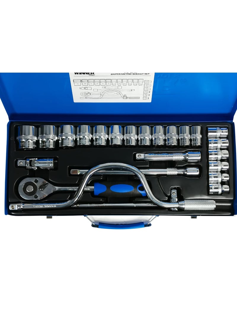 WINNER CRV24 Chrome Vanadium 24 Pcs Professional Socket Wrench Set with Ratchet - Precision Repair Tools for Every Handyman