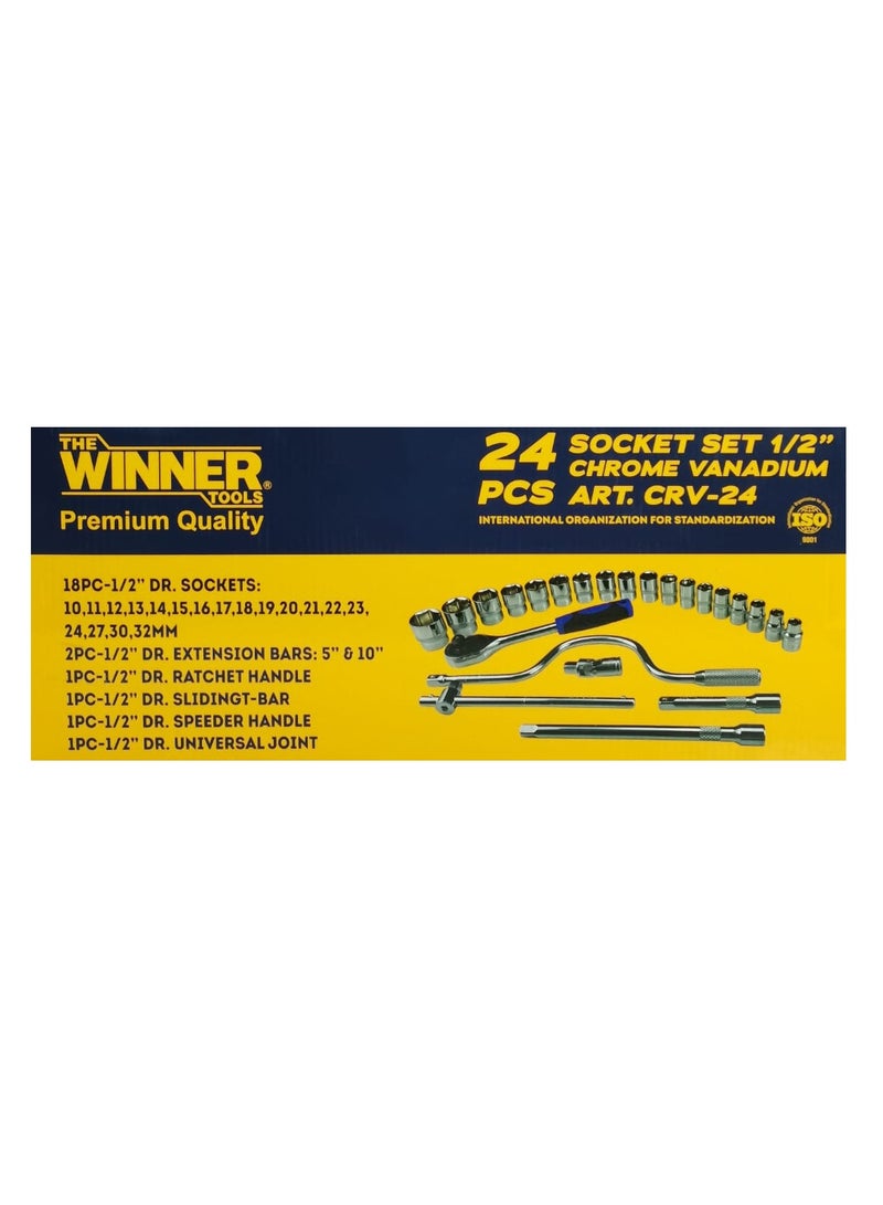 WINNER CRV24 Chrome Vanadium 24 Pcs Professional Socket Wrench Set with Ratchet - Precision Repair Tools for Every Handyman