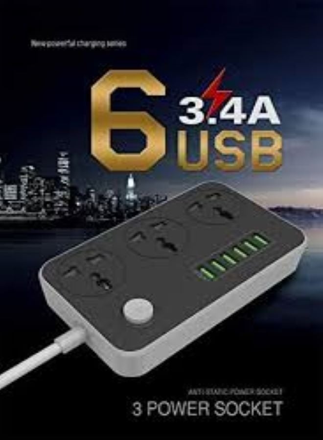 3 Power Socket With 6 USB Extension black/Grey - Image 2