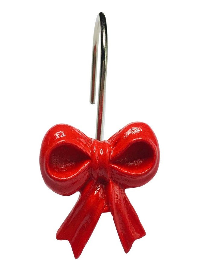 Twofishes Home Fashion Xmas Red Gifst Bows Shower Curtain Rins Pack of 12 Decorative Rust Proof Xmas Gifts Red Bows Curtain Hooks Set of 12 - Image 1