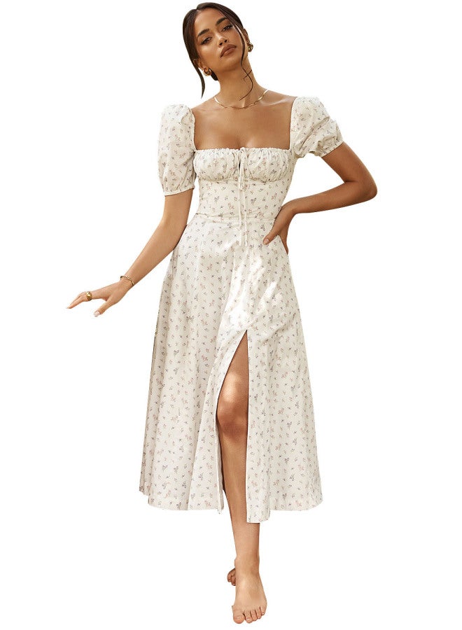 New فستان طويل بأكمام منتفخة مزخرف بطبعة زهور مع فتحة عالية، فستان صيفي للنساء - Image 1