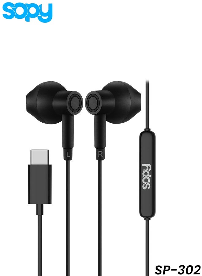 SOPY SP302 Type-C Stereo Earphones with HD Mic, 1.2m Cable, Single Button Control, Bass Acoustic Twin Turbo Circuit for Enhanced Sound, Comfortable Fit for Gaming, Music & Calls - Compatible with Android, iOS & Windows Devices. - Image 1