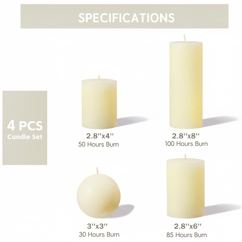 MOSROAD Ivory Rustic Textured Pillar Candles Set - 4 Pcs Assorted Sizes Unscented Pillar Candle, Decorative Farmhouse Candles for Home Centerpiece Decor, Holiday Dinner Table, Dripless & Smokeless - Image 3