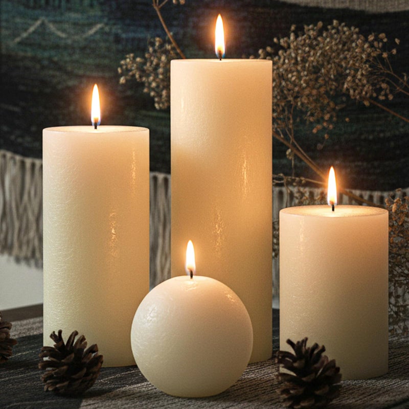MOSROAD Ivory Rustic Textured Pillar Candles Set - 4 Pcs Assorted Sizes Unscented Pillar Candle, Decorative Farmhouse Candles for Home Centerpiece Decor, Holiday Dinner Table, Dripless & Smokeless - Image 1