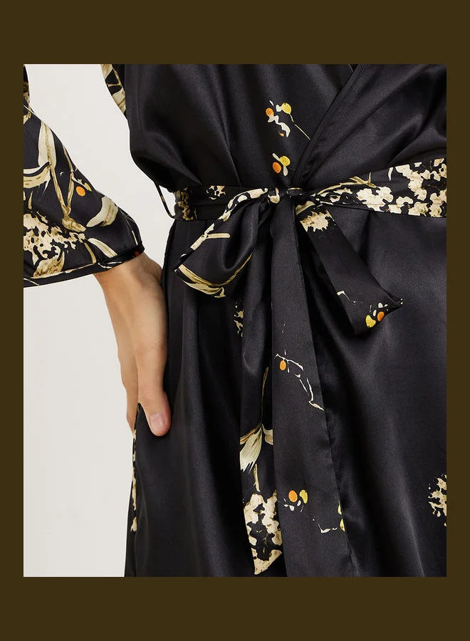 Styli Satin Leafy Stem Print Belted Midi Robe