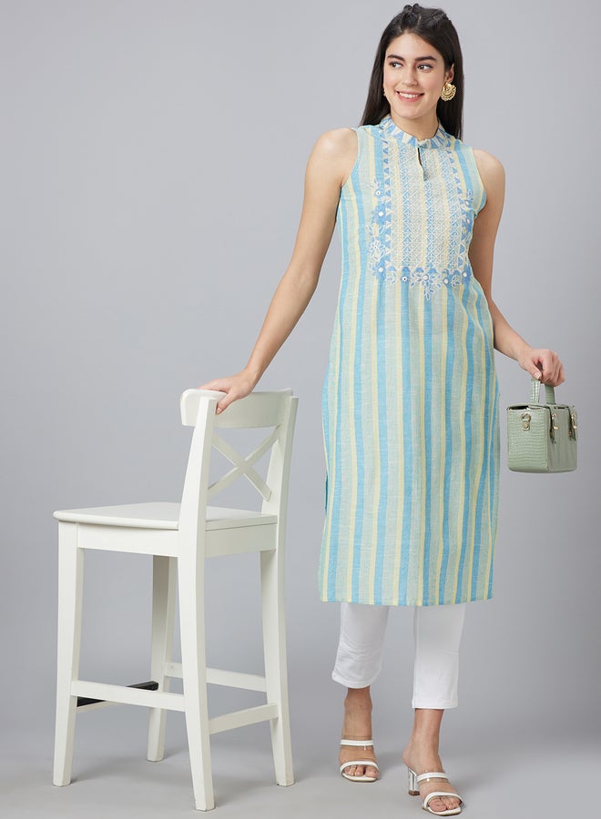 Globus Striped Sleeveless Straight Cotton Kurta - Image 1