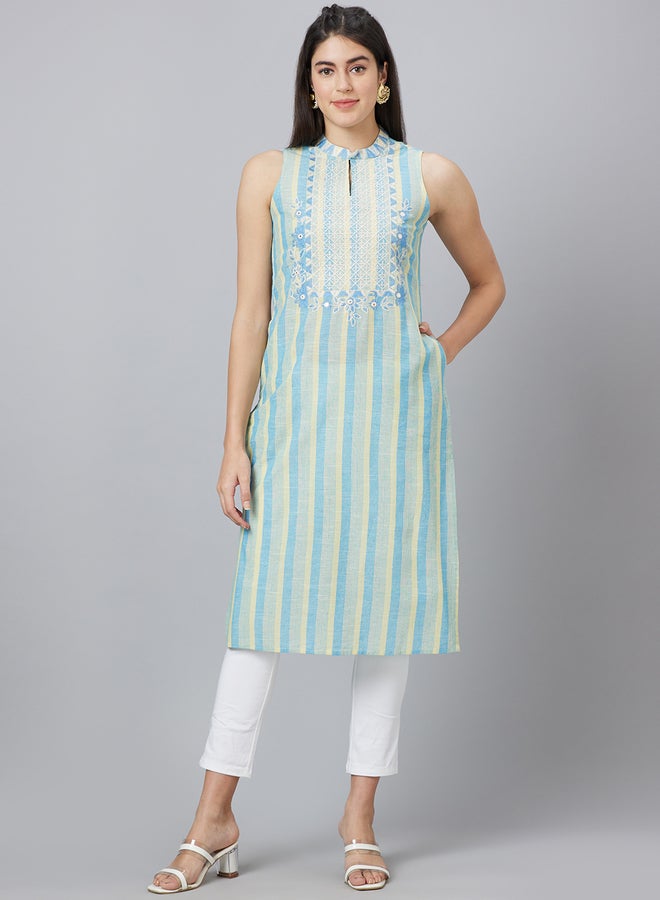 Globus Striped Sleeveless Straight Cotton Kurta - Image 2