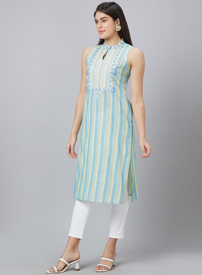 Globus Striped Sleeveless Straight Cotton Kurta - Image 4