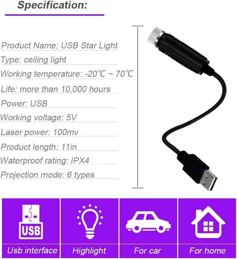 BAILONGJU USB Star Projector Night Light, Adjustable Romantic Blue Interior Car Lights, Bending Freely Portable Auto Roof Lights Decoration for Ceiling, Bedroom, Party - Image 2