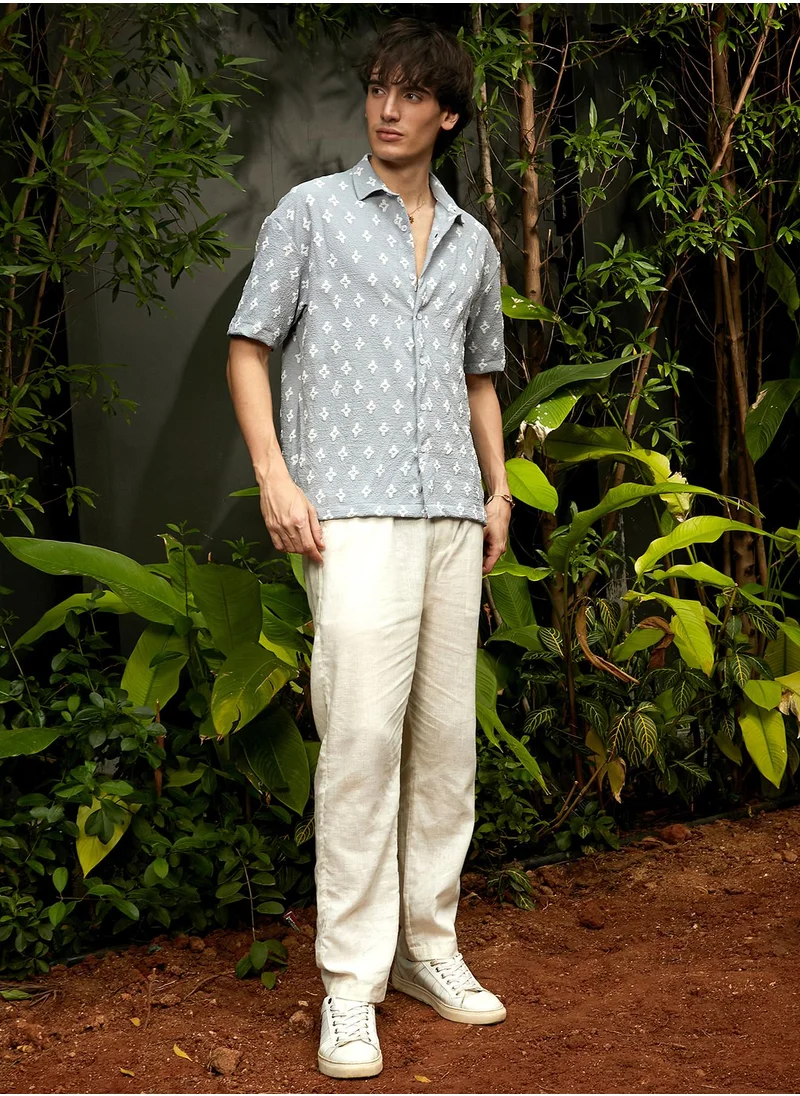 Campus Sutra Men's Baby Blue Floral-Tactile Oversized Shirt