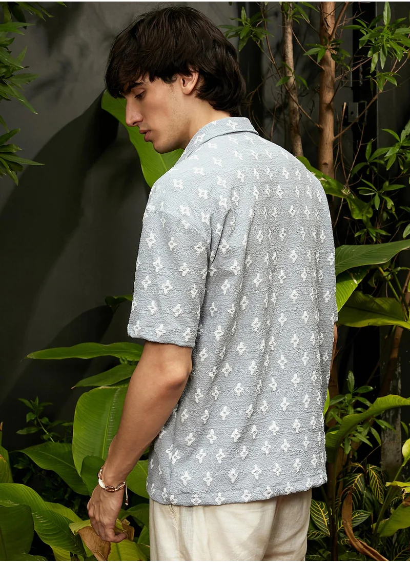 Campus Sutra Men's Baby Blue Floral-Tactile Oversized Shirt