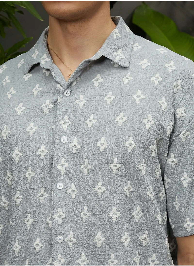 Campus Sutra Men's Baby Blue Floral-Tactile Oversized Shirt