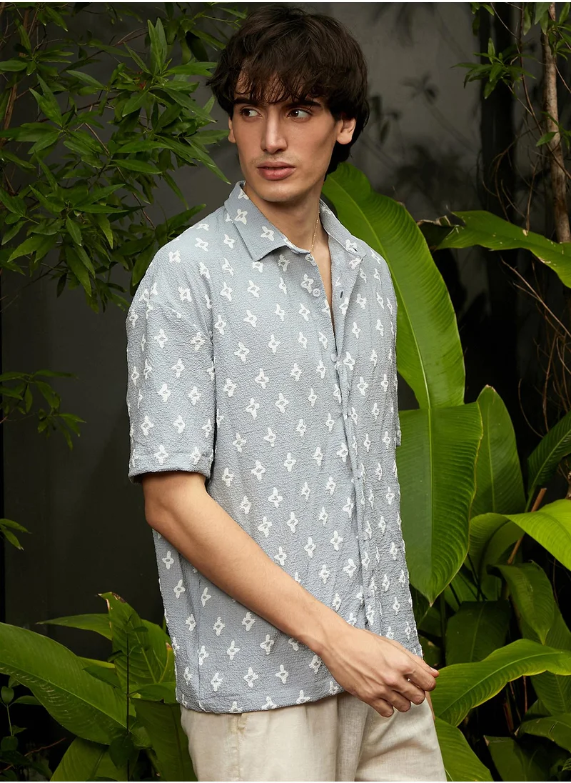 Campus Sutra Men's Baby Blue Floral-Tactile Oversized Shirt
