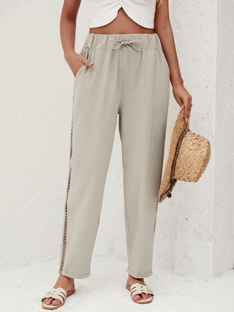 Puimentiua Women's Linen Capri Pants with Drawstring Petite Summer Beachwear Lightweight Elastic Waist Pants, Light Khaki, M - Image 4