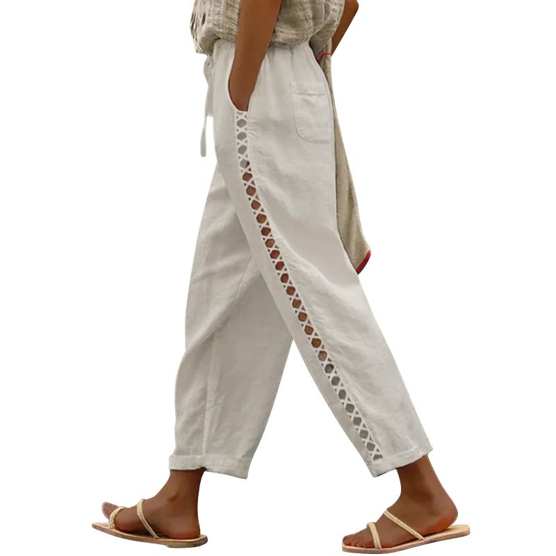 Puimentiua Women's Linen Capri Pants with Drawstring Petite Summer Beachwear Lightweight Elastic Waist Pants, Light Khaki, M - Image 1