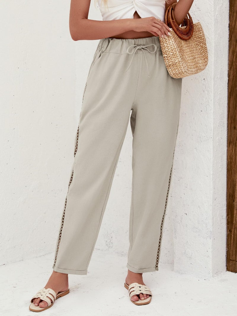 Puimentiua Women's Linen Capri Pants with Drawstring Petite Summer Beachwear Lightweight Elastic Waist Pants, Light Khaki, M - Image 5