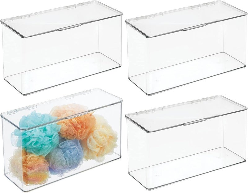 mDesign mDesign Plastic Bathroom Storage Organizer Box Containers with Hinged Lid for Vanity Drawers  Holds Lotions Face Towels Cotton Swabs Soap or Accessories  Lumiere Collection  4 Pack  Clear  - Image 1