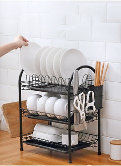 Haidue 3 Tier Iron Dish Rack With Polypropylene Cup Tray Metal Iron Polypropylene Modern Houseware Dish Rack (Black)  - Image 1
