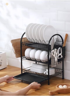 Haidue 3 Tier Iron Dish Rack With Polypropylene Cup Tray Metal Iron Polypropylene Modern Houseware Dish Rack (Black)  - Image 3