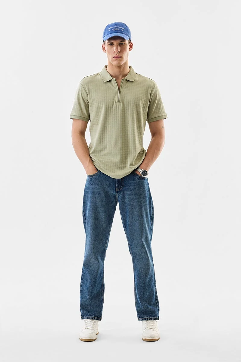 SNITCH Olive Ribbed Half Sleeve Regular Fit T-Shirt