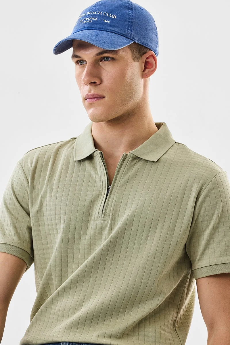 SNITCH Olive Ribbed Half Sleeve Regular Fit T-Shirt