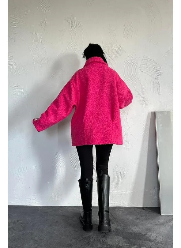 Ded Collection Women's Pocket Flap Button Detailed Soft Fabric Lined Teddy Style Oversize Coat Jacket