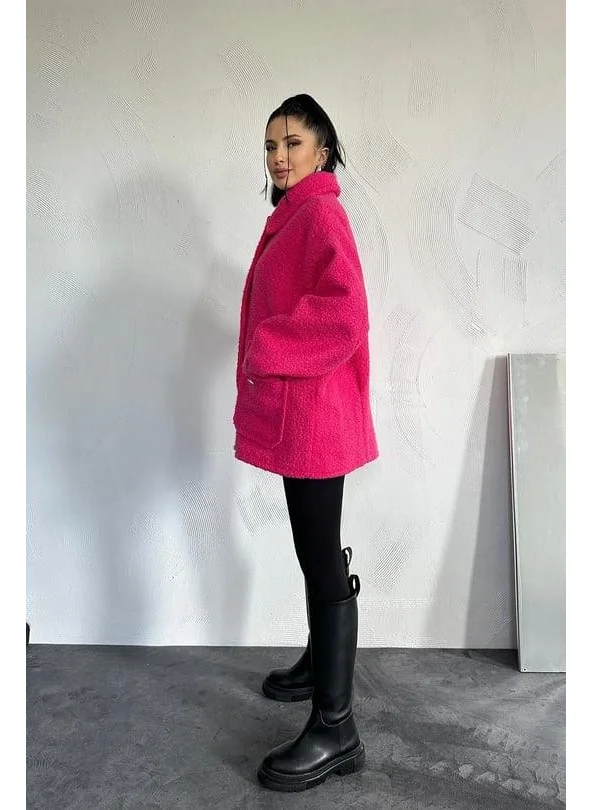 Ded Collection Women's Pocket Flap Button Detailed Soft Fabric Lined Teddy Style Oversize Coat Jacket