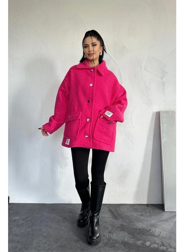 Ded Collection Women's Pocket Flap Button Detailed Soft Fabric Lined Teddy Style Oversize Coat Jacket