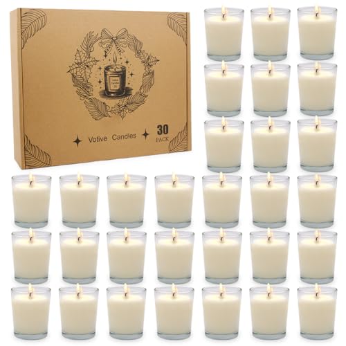 30 Packs Unscented White Votive Candles in Glass Small Soy Wax Votives for Wedding Party Dinner Table 17 W x 2 H