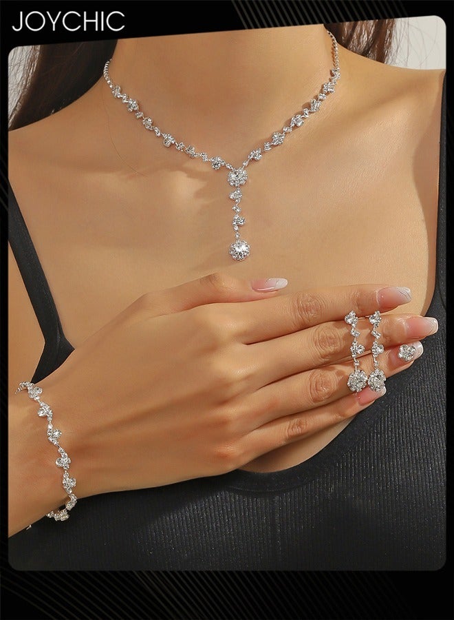 Joychic 3 Piece Fashionable Simple Full Diamond Women Clavicle Chain Necklace Earrings Bracelet Set - Image 1